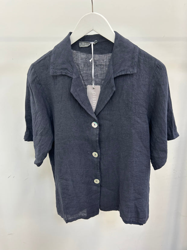 Navy Collared Linen Blouse