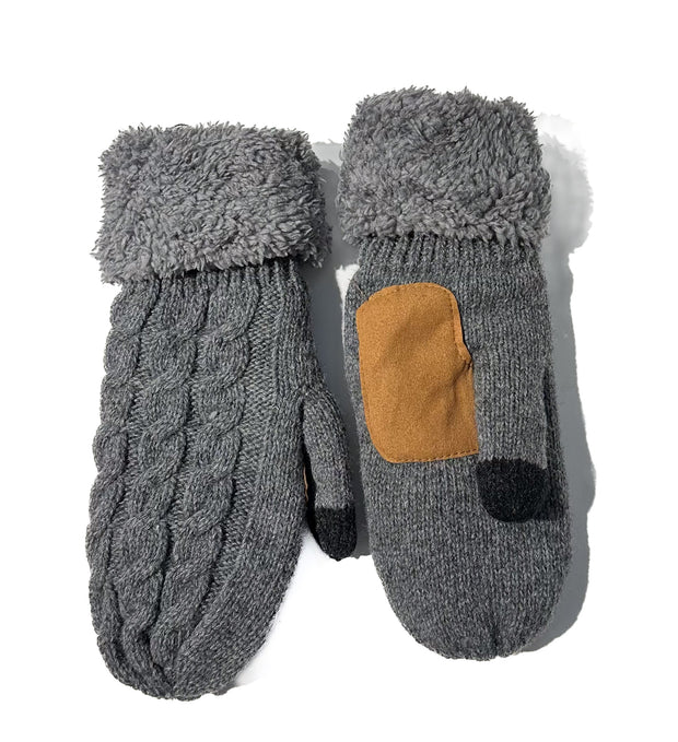 Charcoal Patch Cable Knit Mittens