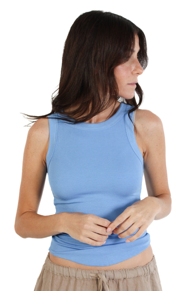 Blue Full Length Ribbed Racerback Tank