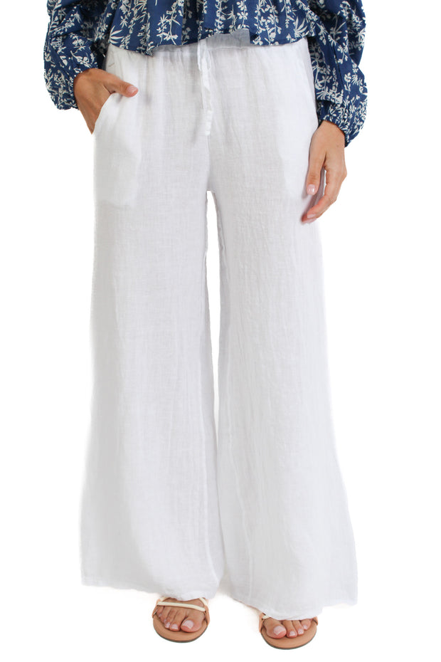 White Linen Wide Leg Pants