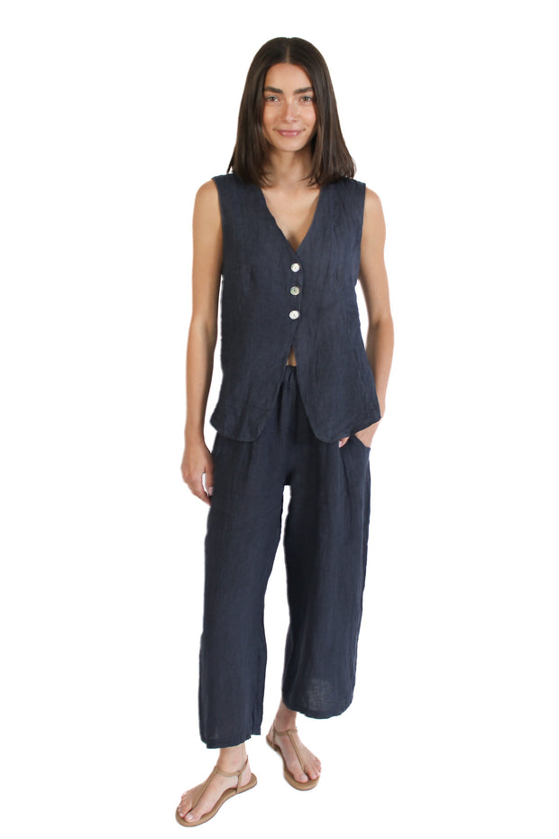 Navy Cropped Linen Pant