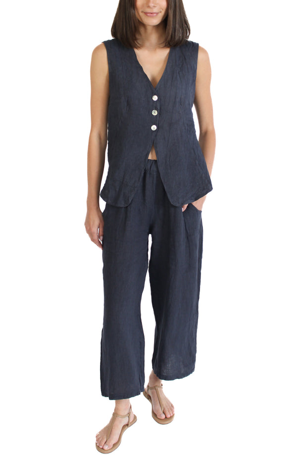 Navy Cropped Linen Pant
