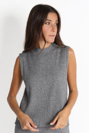 Grey Melange Cropped Ribbed Knit Vest