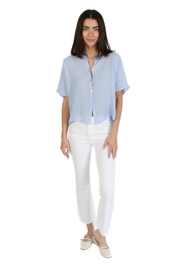 Sky Blue Short Sleeve Linen Blouse