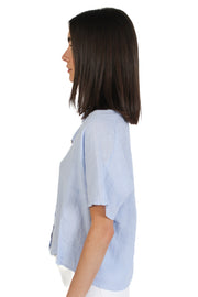 Sky Blue Short Sleeve Linen Blouse