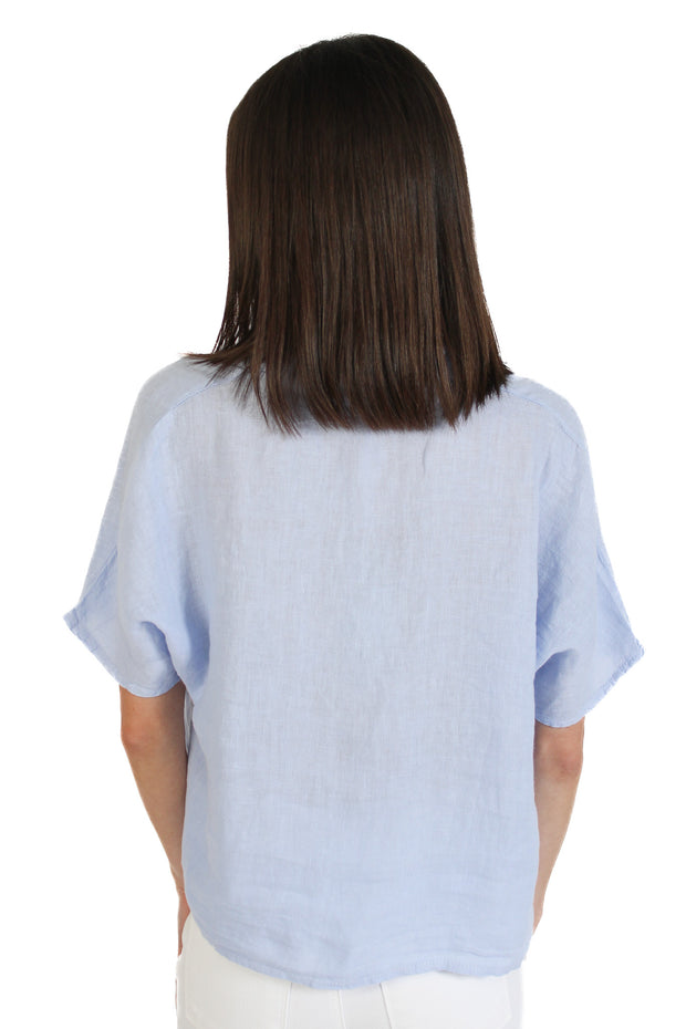 Sky Blue Short Sleeve Linen Blouse