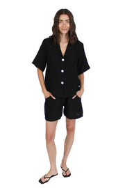 Black Collared Linen Blouse