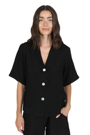 Black Collared Linen Blouse