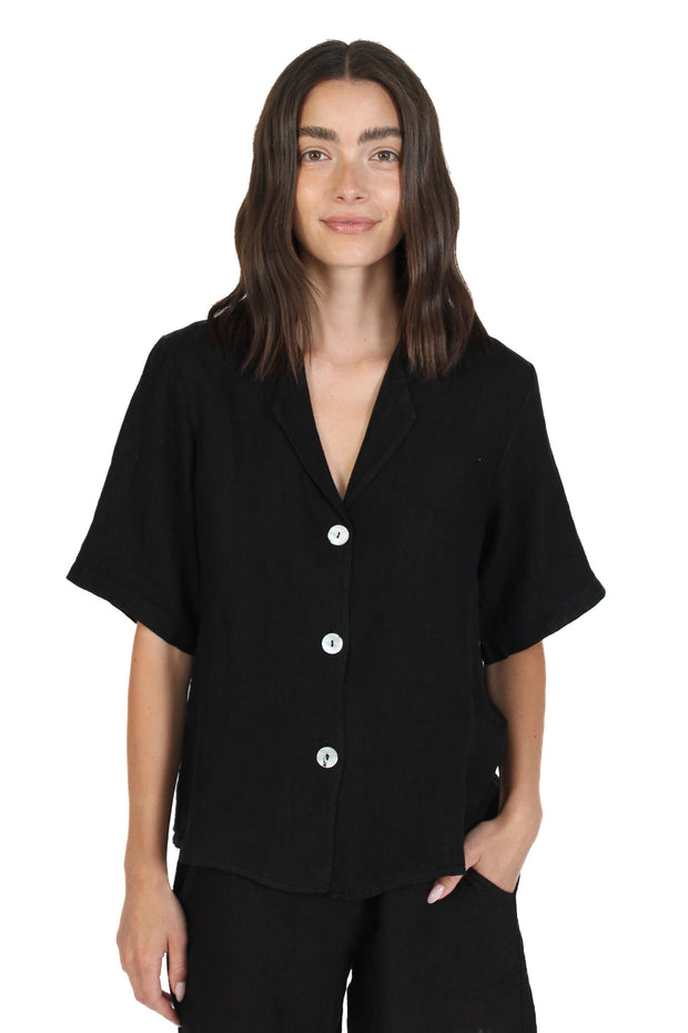 Black Collared Linen Blouse
