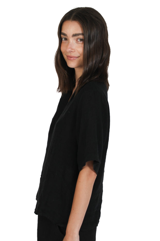 Black Collared Linen Blouse