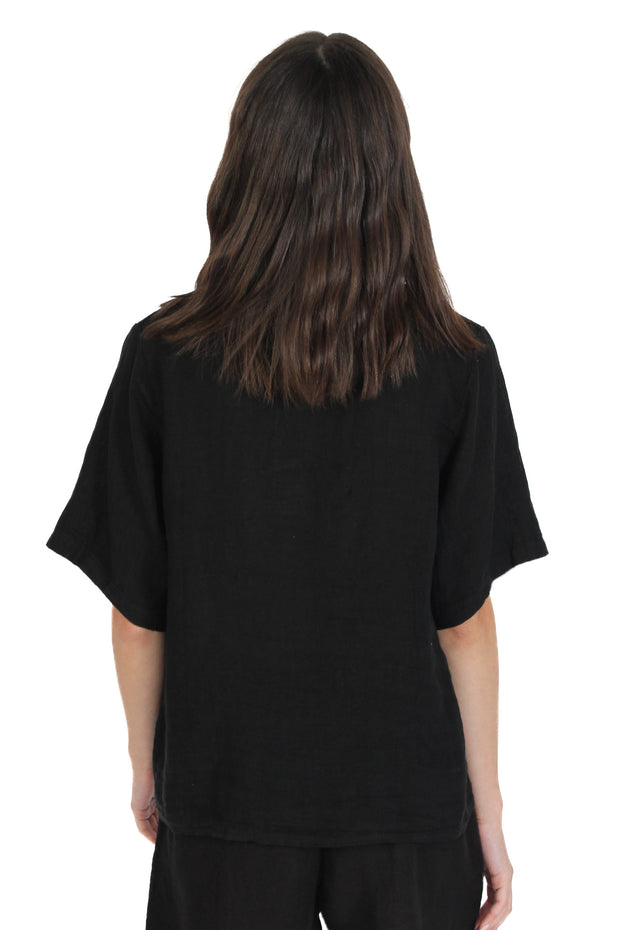 Black Collared Linen Blouse