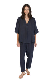 Navy Linen Pull Over Blouse