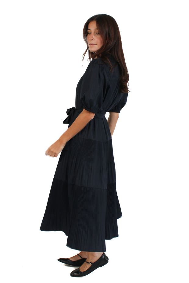 Navy Pleated Midi Dress