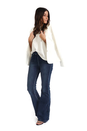 Dark Denim Flared Crinkle Pants