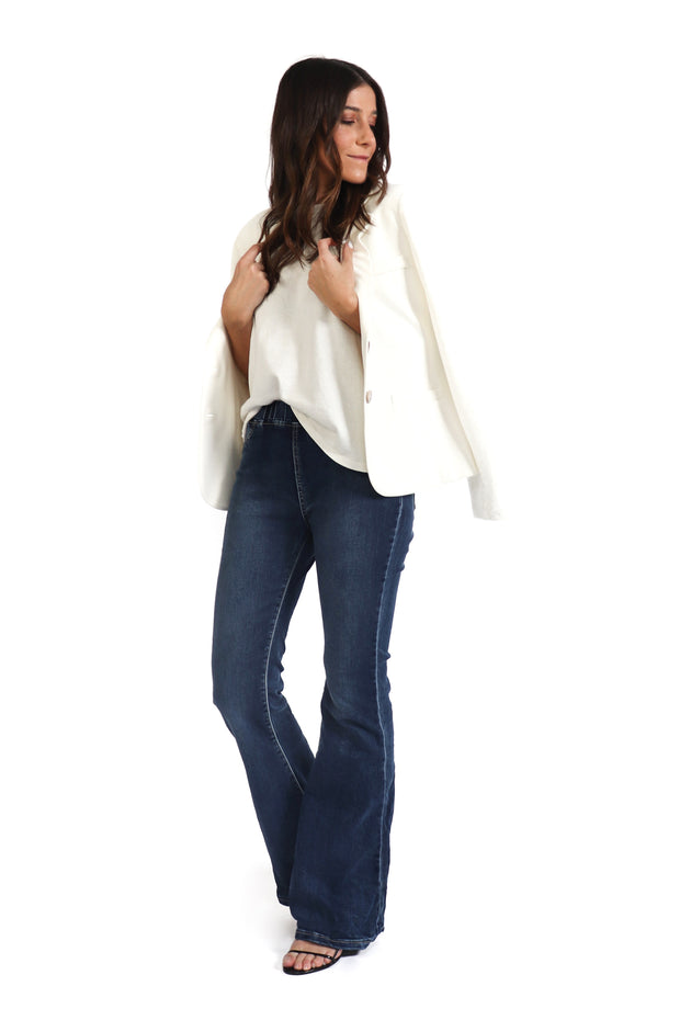 Dark Denim Flared Crinkle Pants