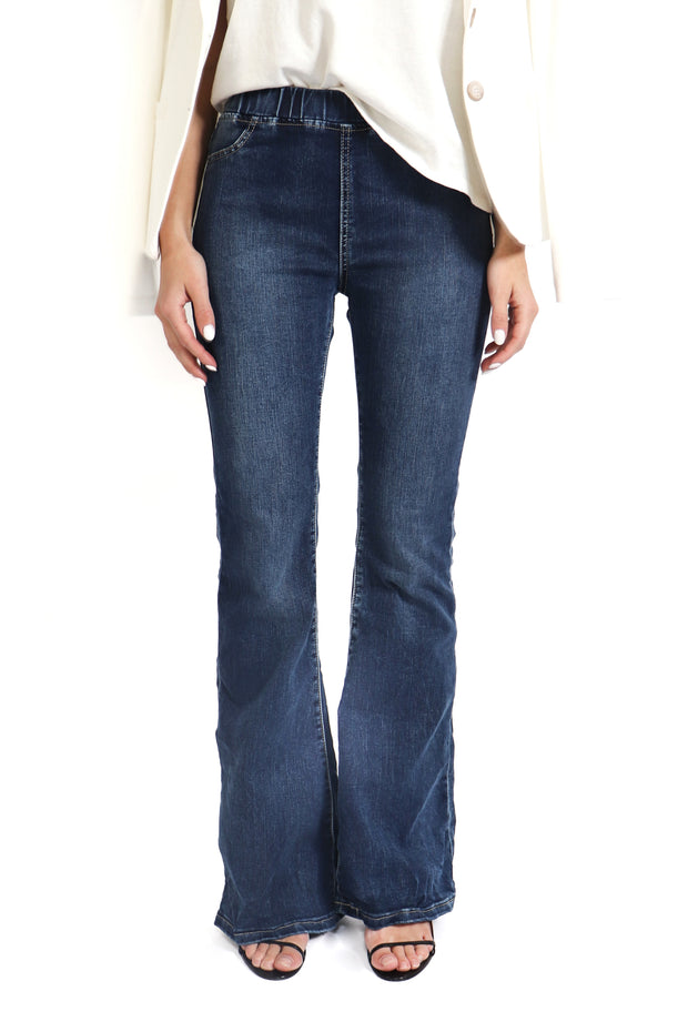 Dark Denim Flared Crinkle Pants