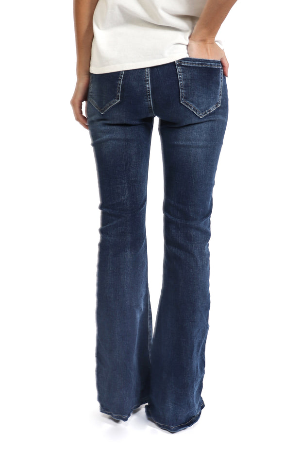 Dark Denim Flared Crinkle Pants