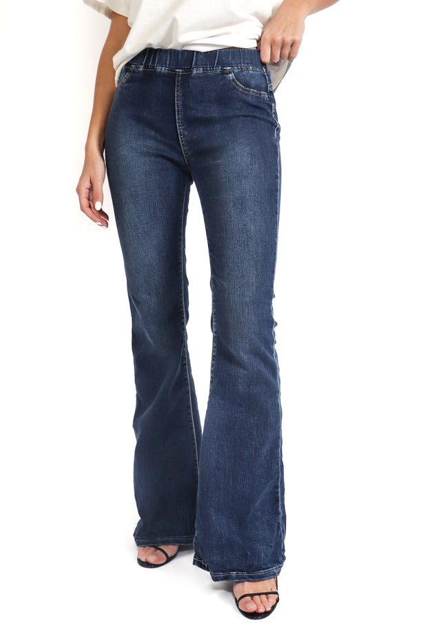 Dark Denim Flared Crinkle Pants