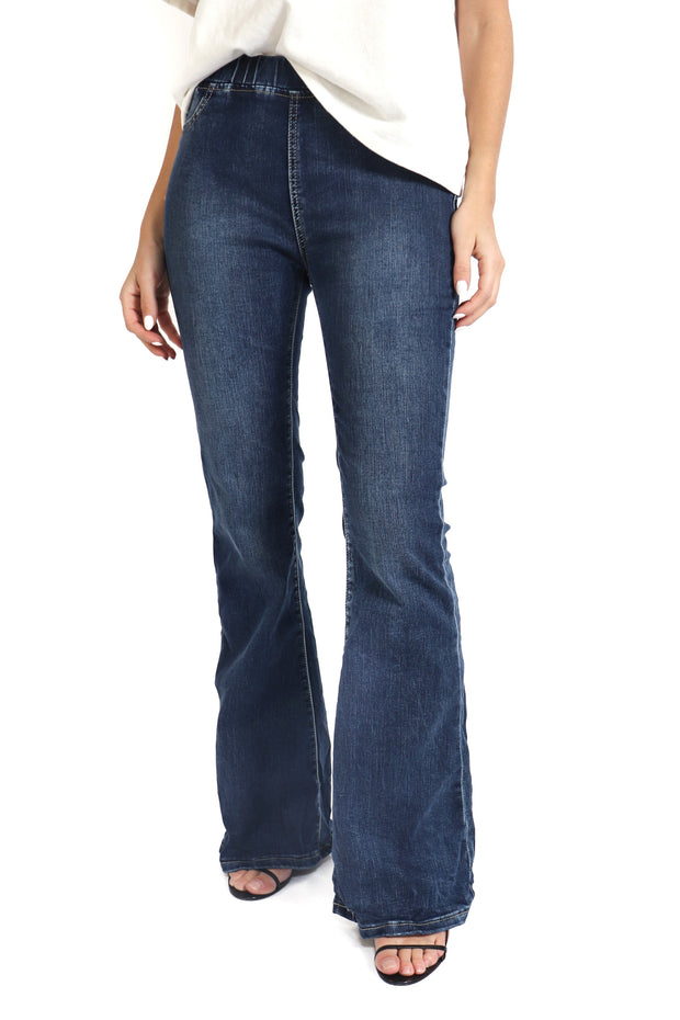 Dark Denim Flared Crinkle Pants