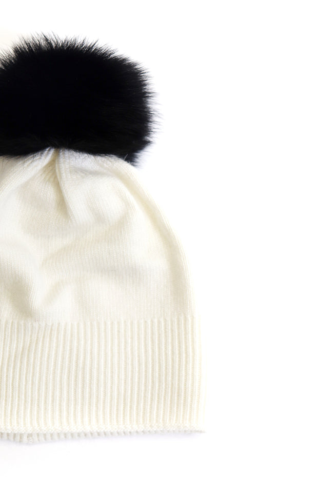 Ivory Knit Hat with Black Pom Pom