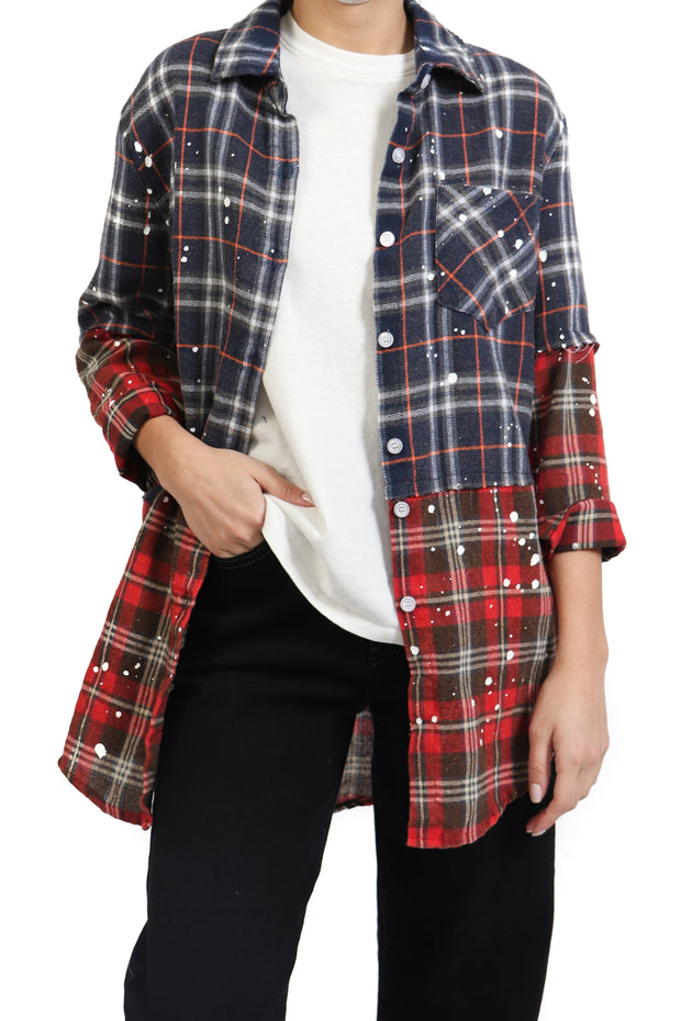 Blue and Red Plaid Paint Splatter Flannel Shirt