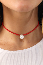 Red Oval Coin Pearl Choker