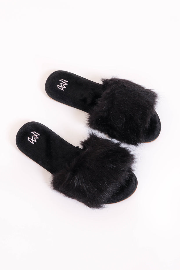 Faux Fur Black Slippers