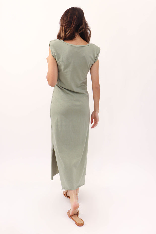 Solid Sleeveless Shoulder Pad Maxi Dress